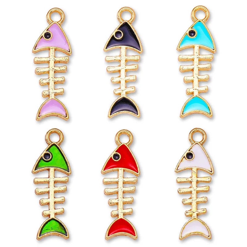 20 pcs/lot Fashion Gold Alloy Enamel Fishbone Pendant Accessories Charms for Women, Earrings/Necklace Handmade DIY Jewelry