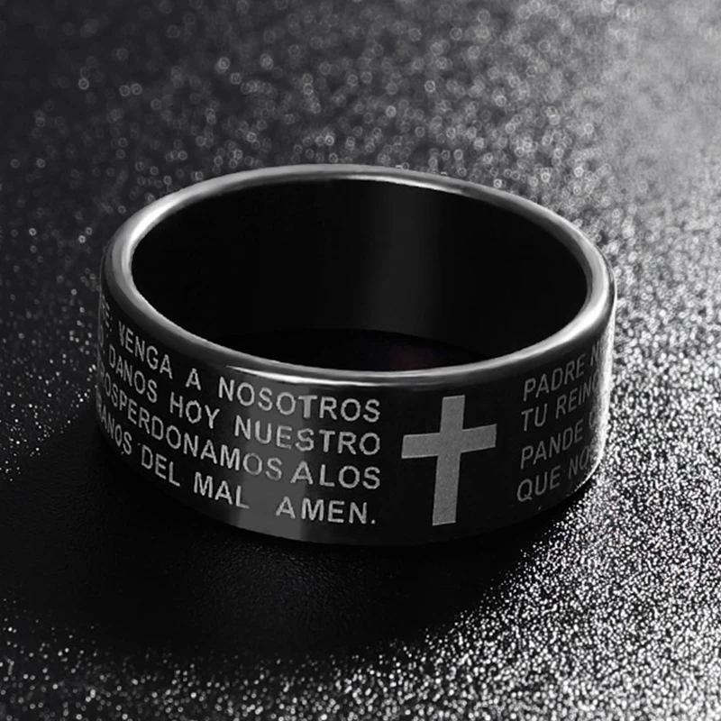 Anillo de acero inoxidable para hombres, joyería de amuleto de 7mm, Color negro, cruz de Jesús, letra, versículo de la Biblia, oración