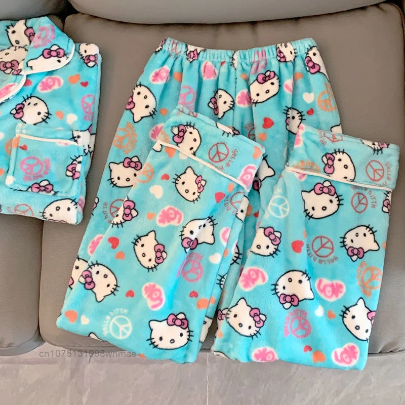 Sanrio Cute Hello Kitty Coral Fleece Plush Pajamas Set Women\'s Autumn and Winter Pijama Thickened Flannel Home Furry Set Clothes