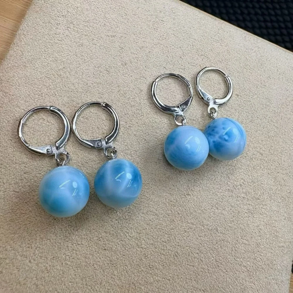 S925 Natural Larimar Sphere Eardrop Earring Delicate Simple Paved Ear Stud Fashion Crystal Women Gemstone Jewelry Gift 1pair