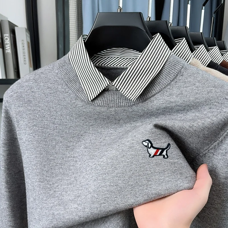 Herren-Strickpullover mit Rundhalsausschnitt, Herbst-Winter, zweiteiliger Look, Farbblock-Design, Hemdkragen, langärmelig, Business-Casual-Herrenbekleidung – Detail 13