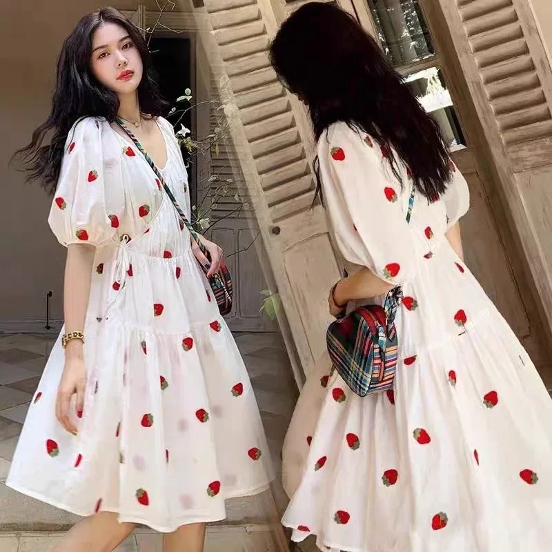 

Summer Puff Sleeve Strawberry Dress Women V Neck Cotton Fruit Dresses Lace Up Loose Casual Tiered Skirt White New Sweet Clothing