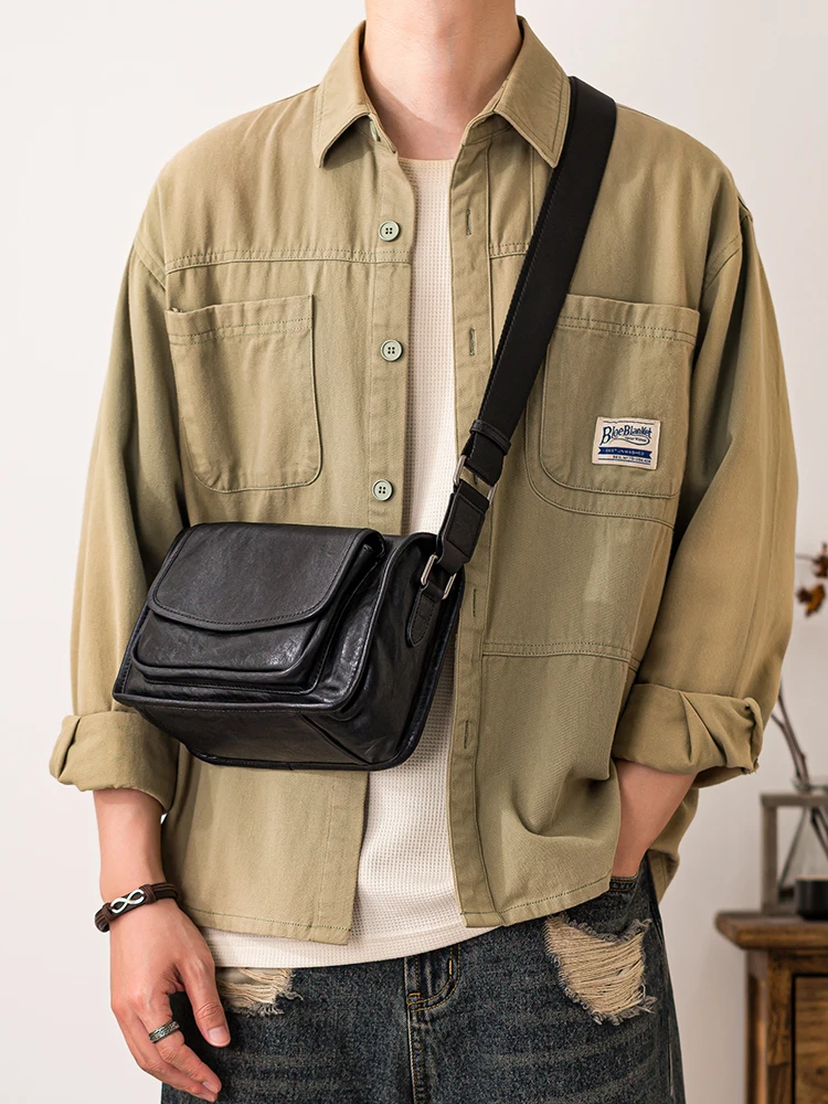 PNDME casual designer luxury first layer cowhide men's black crossbody bag outdoor travel handmade genuine leather shoulder bag