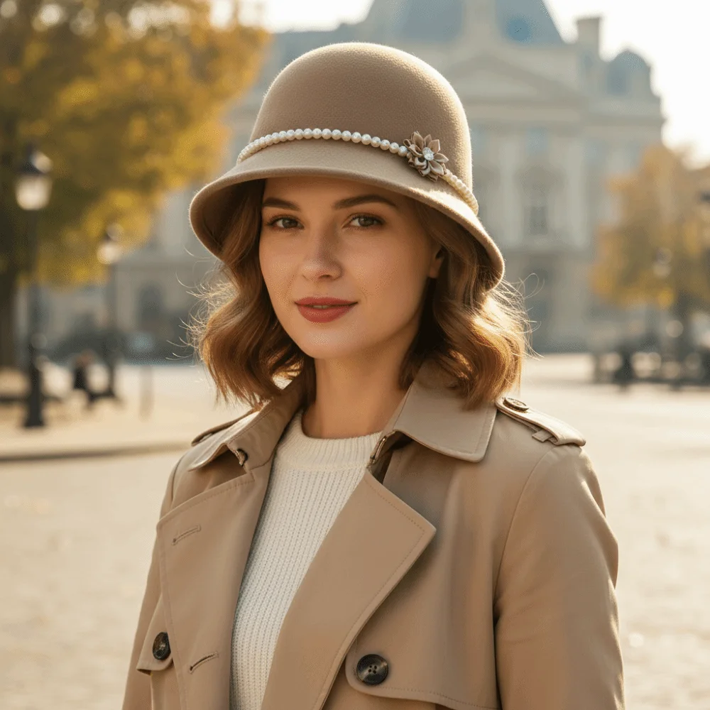 

Simple Pearl Flower Topper Hat Solid Color Warm Fisherman Hat French Style Hepburn Woolen Bucket Hat Funeral