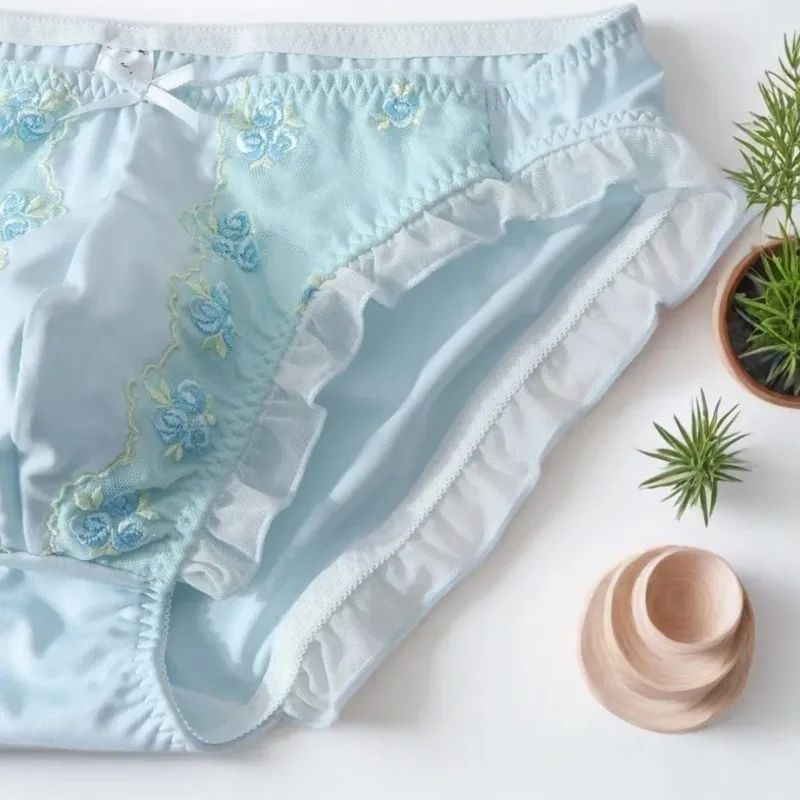 Sweet Cute Sissy Cross-dressing Floral Embroidery Bow Briefs Ruffle Mesh Trim Lingerie Convex Pouch Soft Comfort Man's Panties