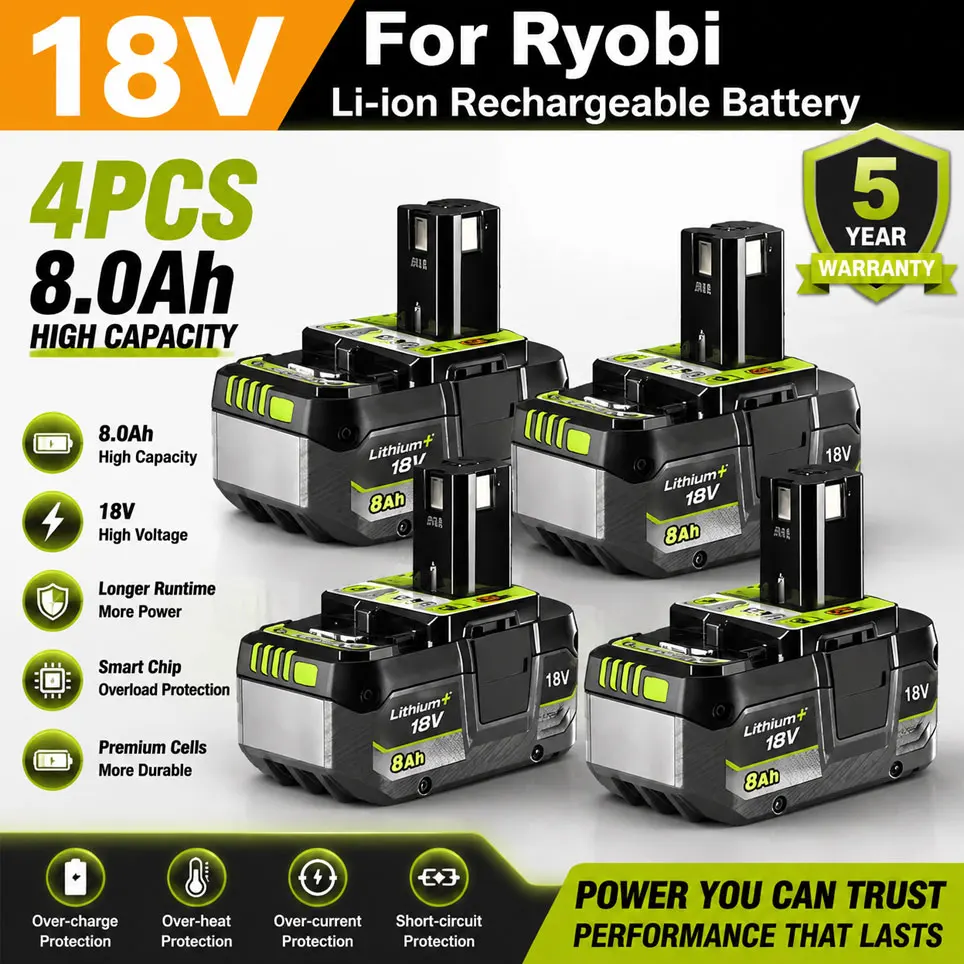 Pour batterie lithium haute performance RYOBI 18V, sans effet mémoire, faible autodécharge, adaptée à tous les outils P108, P109