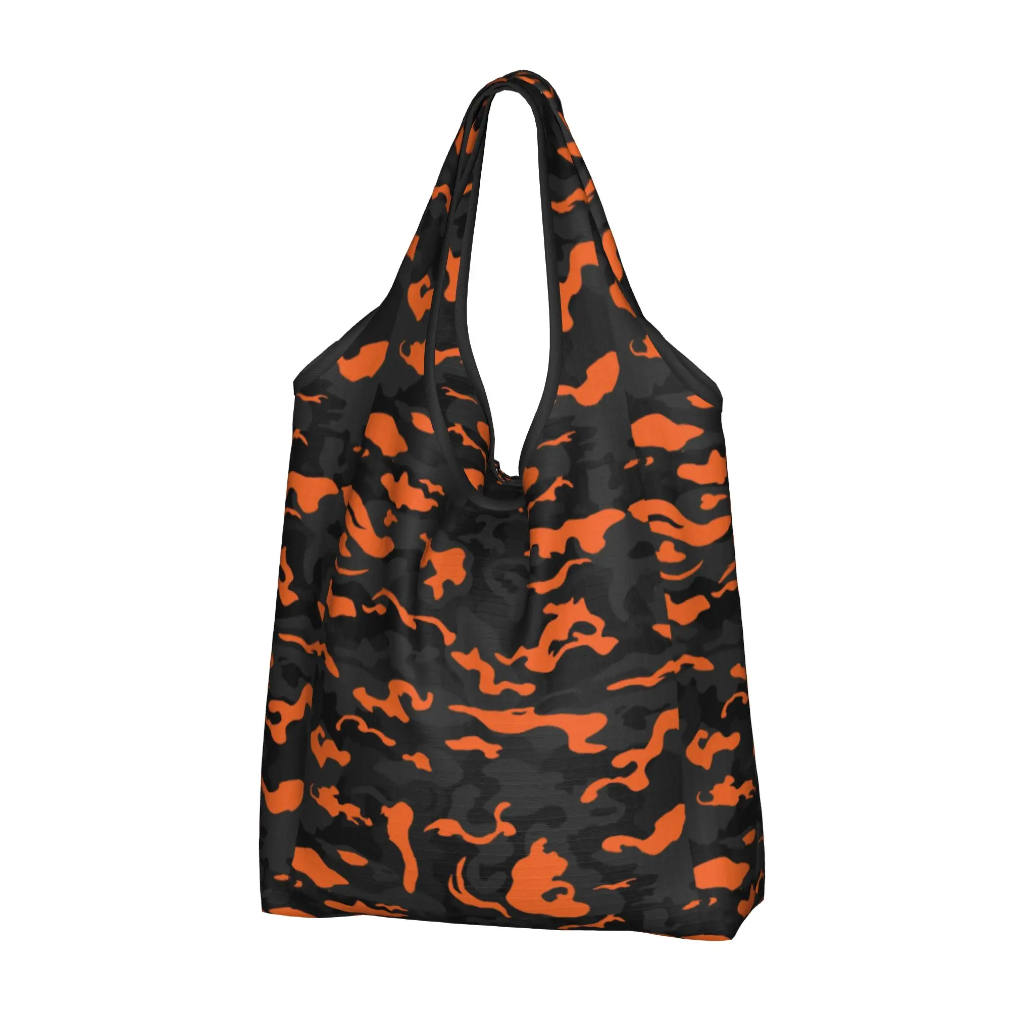 Recycling Camo Style Black Orange Camouflage Shopping Bag Women Tote Bag Portable  Groceries Shopper Bags