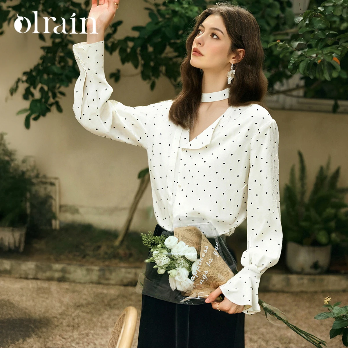 

OLrain Woman Chiffon Blouse French Style 2026 Spring Elegant Polka Dot Ladies Top Bow Tie Neck Long Sleeve Shirts O58CC002535