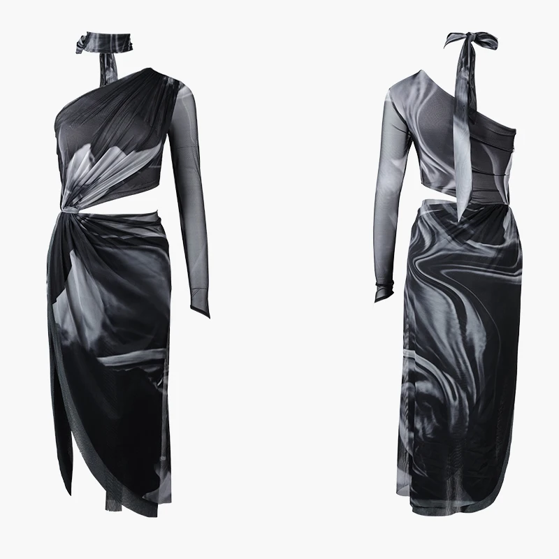 2026 New Latin Dance Dress For Women Sexy Slanted Shoulder Long Sleeved Dress Samba Chacha Adult Female Latin Costumes DQS20549