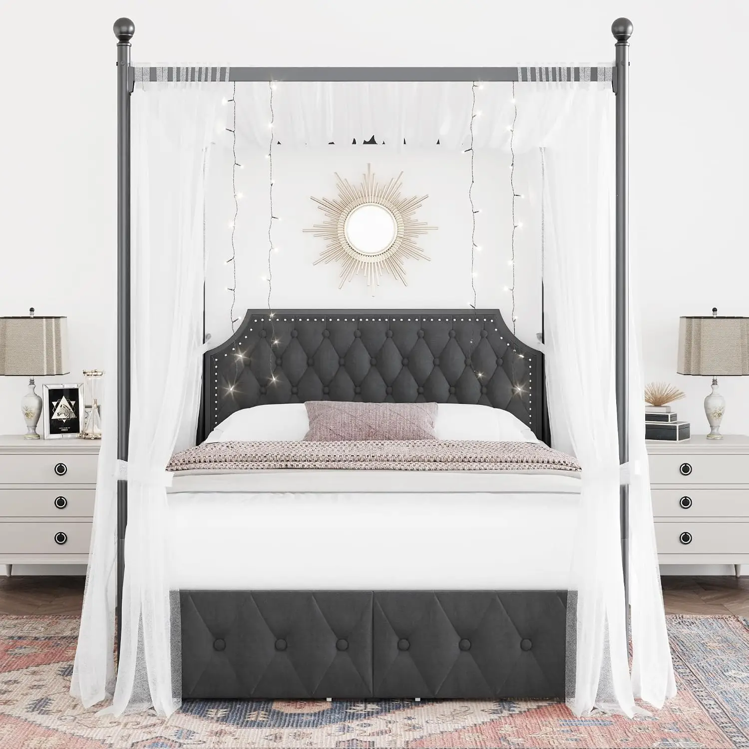 Queen Canopy Bed Frame with Storage Drawers & Tufted Headboard, Metal Platform 4 Posts, Velvet Bed, Dark Grey, Customized view 3