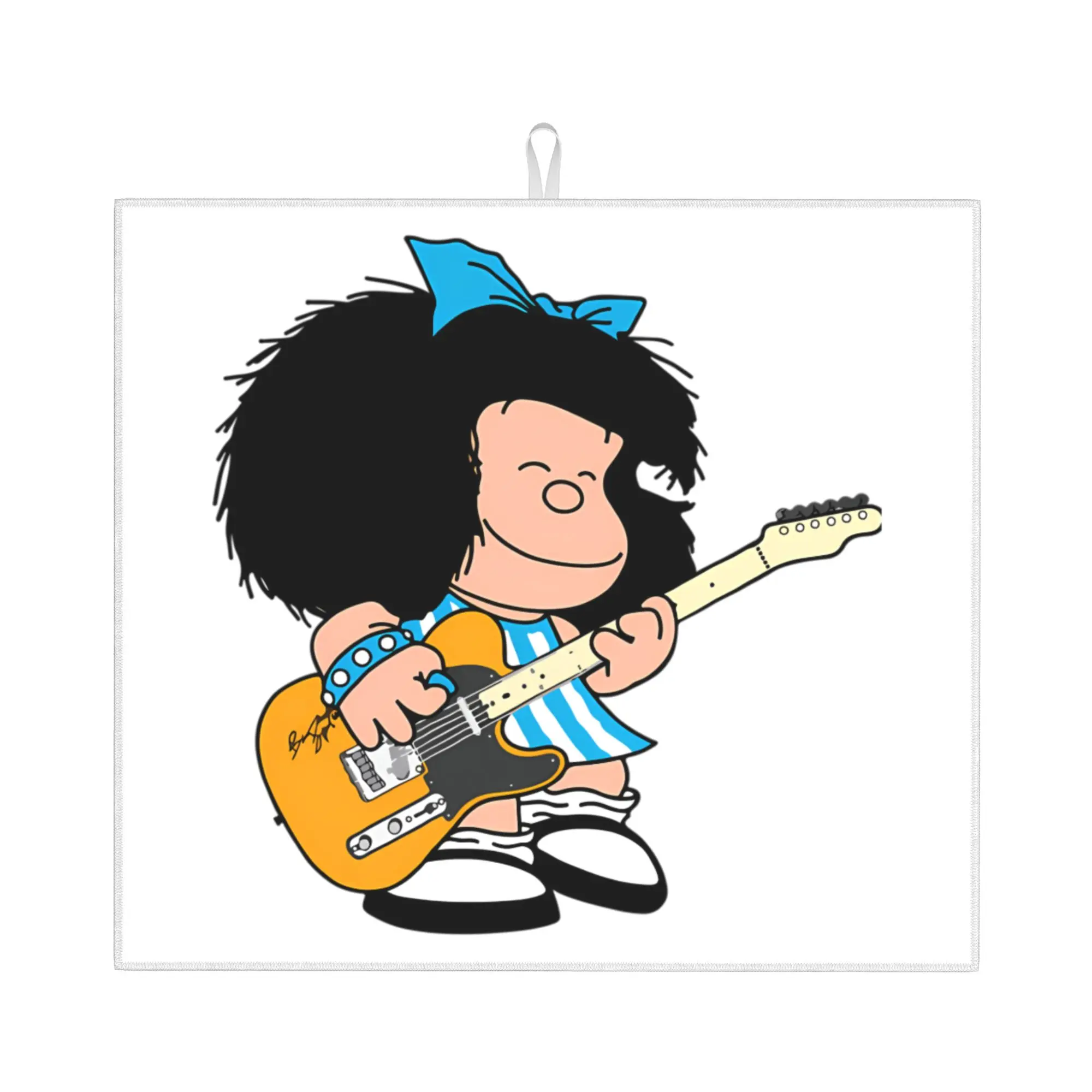 Drying Mat For Kitchen Mafalda Quino Playing Guitar Music Poster Water Absorbent Cartoon On Slip Kitchen Counter Protector Mat