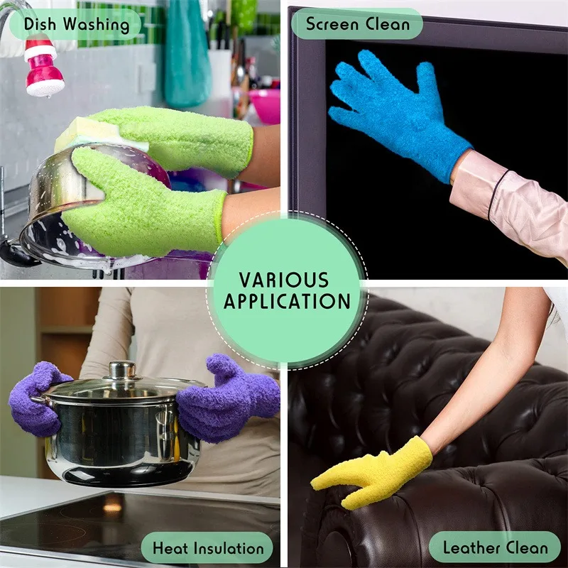 1Pair Cleaning Gloves Microfiber Coral Fleece Car Grooming Solid Five Finger Dust Removal Housework Absorbent