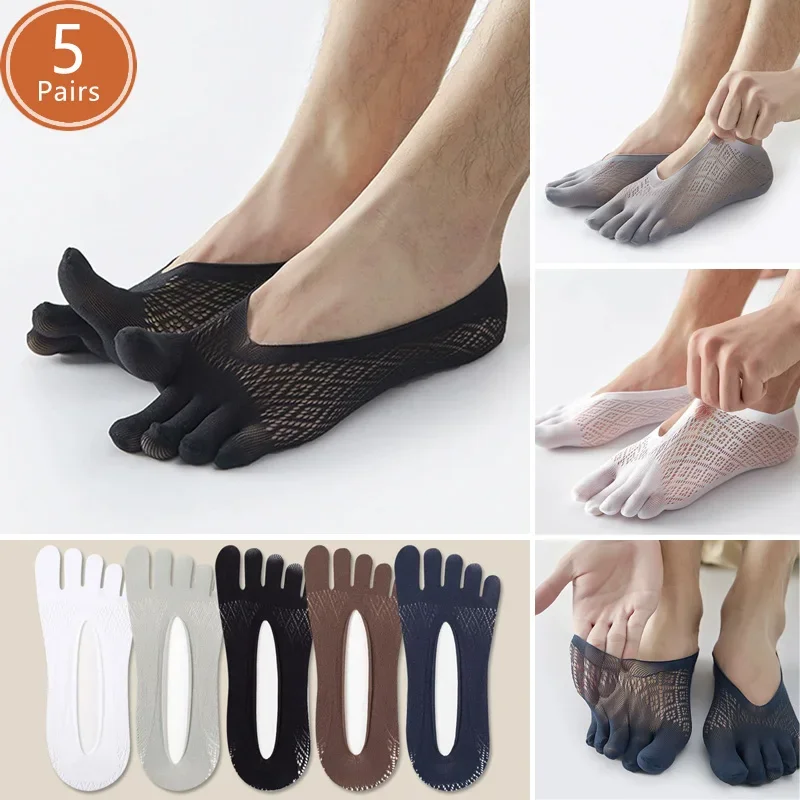 5 Paar Sommer-Fünf-Finger-Socken für Herren, unsichtbar, dünn, kühlend, atmungsaktiv, schweißabsorbierend, rutschfest, Seiden-Bootssocken ohne Zehenpartie