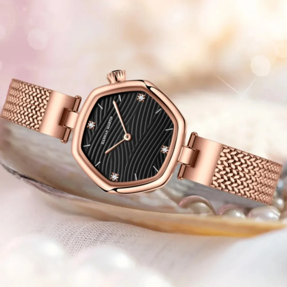 HANNAH MARTIN 1681 Stainless Steel Mesh Strap New Ultra Thin Luxury Waterproof Hexagonal Quartz Women's Watch Relogio Feminino