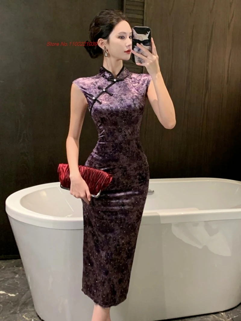 فستان سهرة صيني مثير من تشيباو مخملي بدون أكمام شيونغسام بتصميم عتيق مطبوع عليه زهور فستان ملهى ليلي تقليدي للولائم تشيباو #2