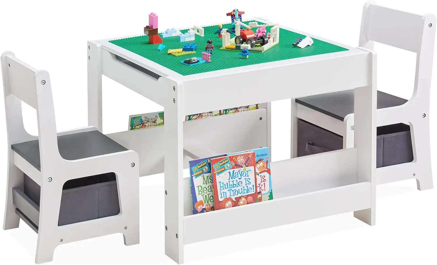 Kids Table and Chair Set 3 in 1 Wooden Activity Table with Bookshelves and Storage Drawer