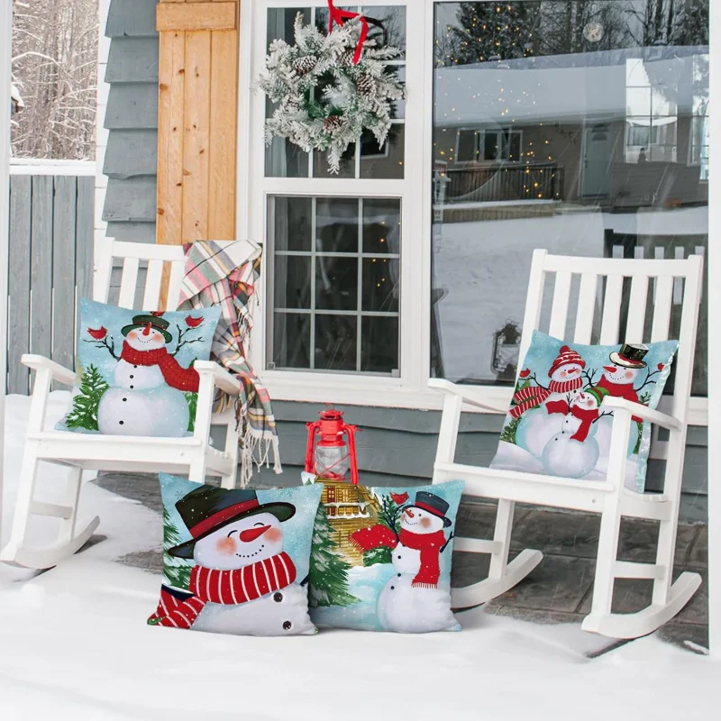 Christmas Snowman Pillow Set 18 x 18 inches Winter Pine Snowflake Decoration 4-piece Set