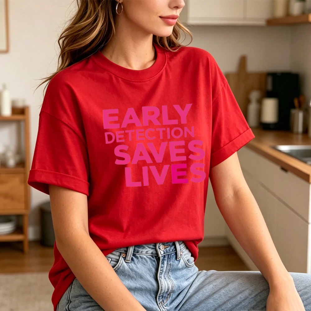 Early Detection Saves Lives Graphic Women Summer Cotton T Shirt Breast Cancer Awareness Inspirational Casual Short Sleeve Tee