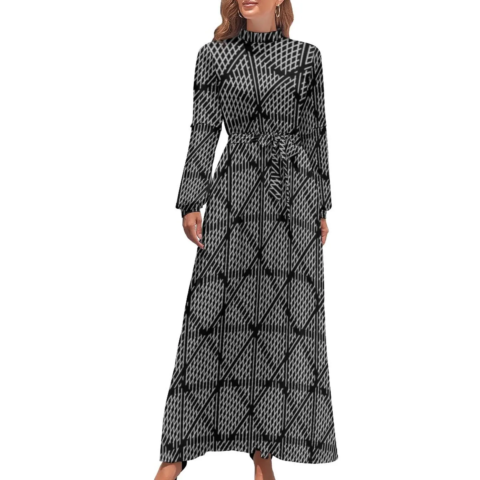 

Vintage Nordic Lines Dress Long Sleeve Black White Print Elegant Maxi Dress High Waist Street Fashion Graphic Beach Long Dresses