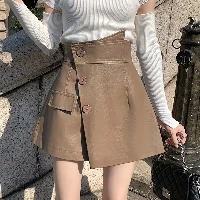 

Pop High Waist Asymmetric Vintage Womens Leather Shorts Skirts With Button Autumn Winter Fake Two Pieces Pu Short Pants