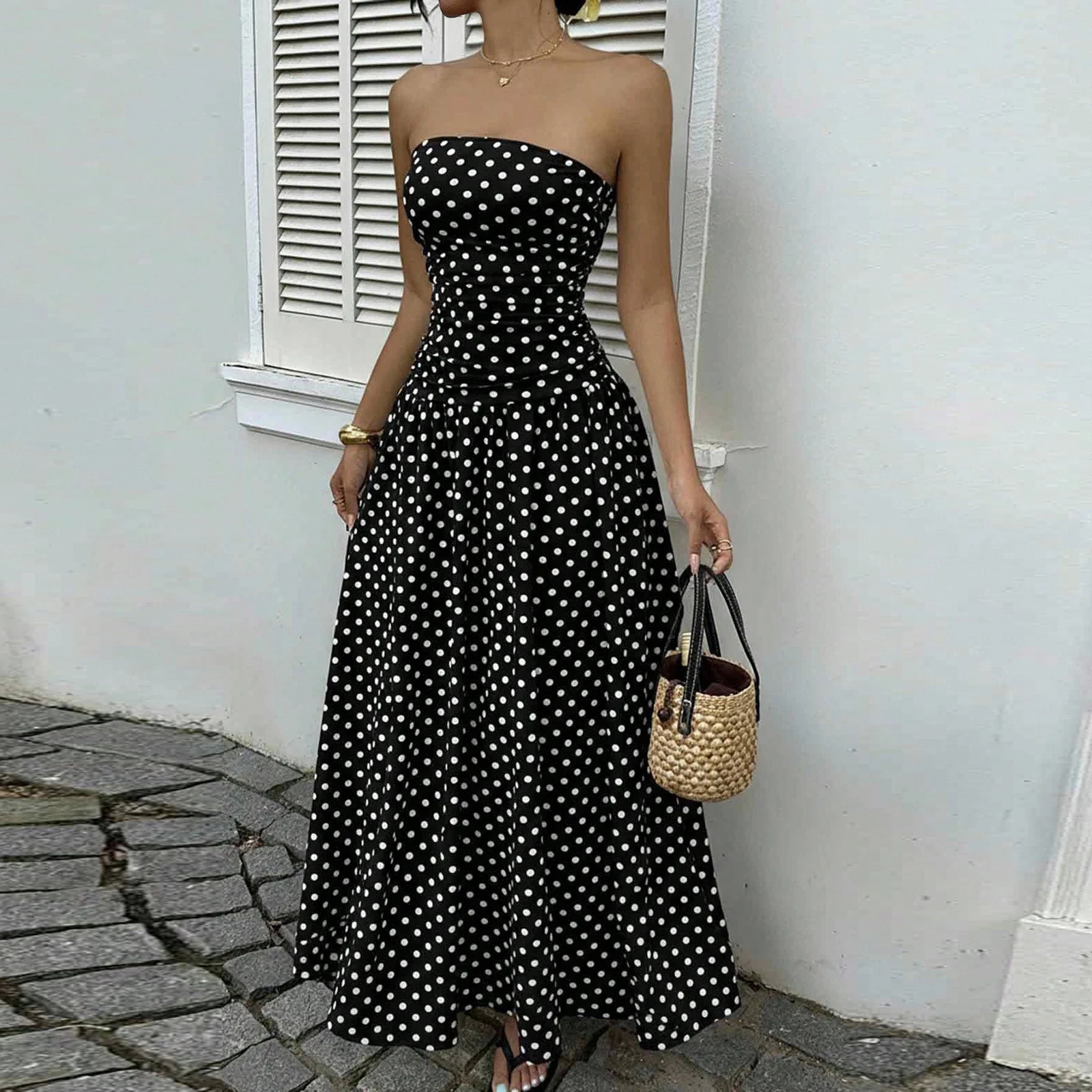 

Women's Polka Dot Maxi Dress Off Shoulder A-line Waist Slimming Dress Fashion Evening Gown Retro Elegant Polka Dot Patry Dresses