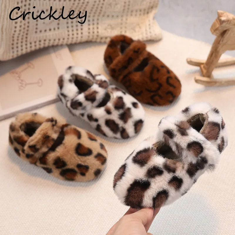 

Леопардовая плюшевая детская обувь на плоской подошве, осенне-зимняя теплая меховая обувь с крючками и петлями для девочек, нескользящая детская обувь Мэри Джейн