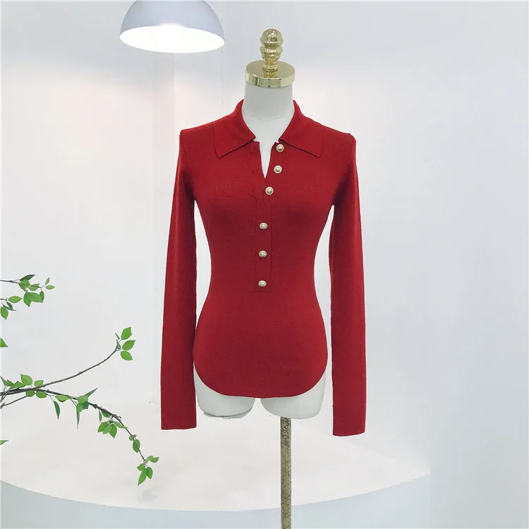 

Черный вязаный свитер из смесовой шерсти с золотыми пуговицами irt Sle Commute Faion Slim Fit Long Sve Pure Color Top