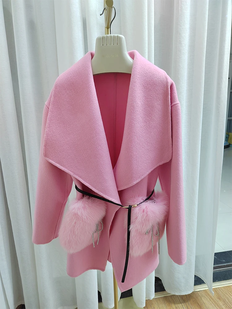 2024 New Winter Real Natural Fox Fur Pocket Coat Ladies Outwear Female Coat Cashmere Wool Woolen Women Luxury Jacket