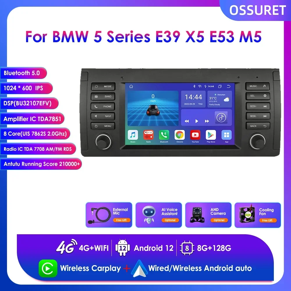 

8+128G Multimedia Video Player Octa Core Carplay Car Radio for BMW 5 Series E39 X5 E53 M5 Android 12 Bluetooth GPS RDS Stereo FM