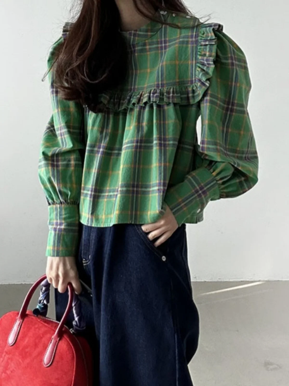 

Retro Plaid Doll irt Women's Loose Casual Long Sve Top Korean Sle Bubble Sve Patchwork ort Length Spring Summer