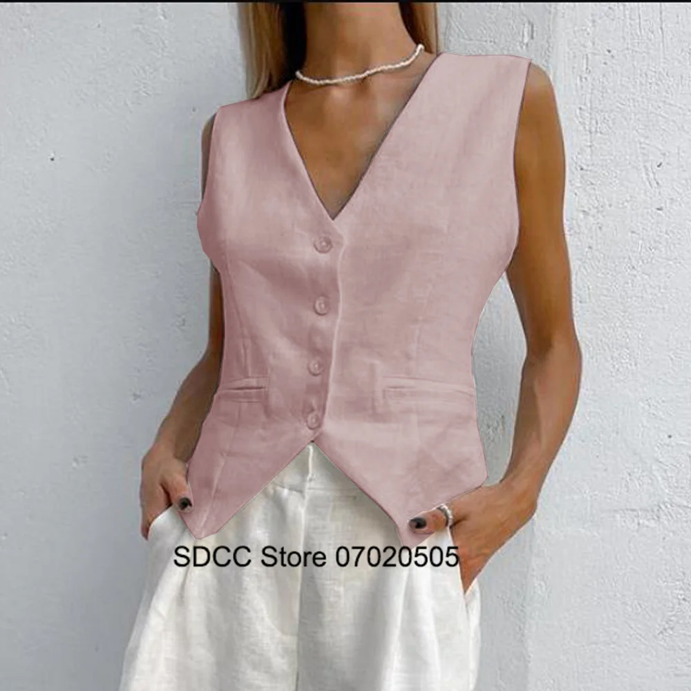 Women's Linen V Neck Sleeveless Single Breasted Vest Casual Elegant Youthful Woman Clothes Tops for Summer 2024 Clothing Top