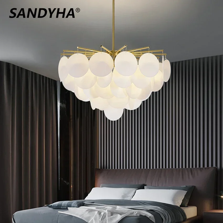 SANDYHA Modern LED Wind Chimes Chandeliers Acrylic Glass Sheet Pendant Light Luxury Living Room Bedroom Slice Flaky Hanging Lamp