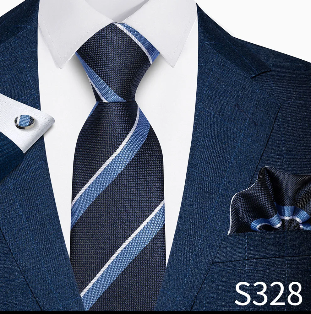 Hochwertiges 8-cm-Krawatten-Einstecktuch-Set für Herren, schwarz, blau gestreift, Hochzeitsgeschenk, Krawatte, Anzug-Accessoires, passend für den Arbeitsplatz – Detail 21