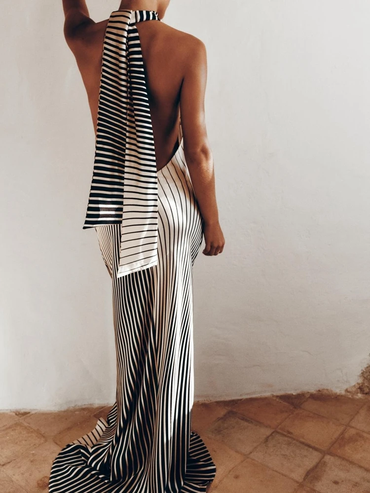 Zomer Nieuwe vrouwen Losse oulder Zijde Satijn Streep Casual Dr Hoge Taille Lange Sve ronde Ne H-ape pendelen Sle Dr