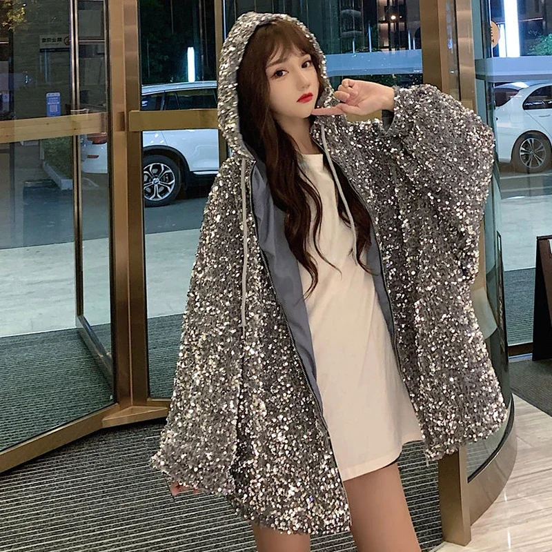 New Fashion Luxury Shiny Sequin Jacket Women Korean Style Loose Bling Bling Hooded Coats Ladies Streetwear Trendy Jackets