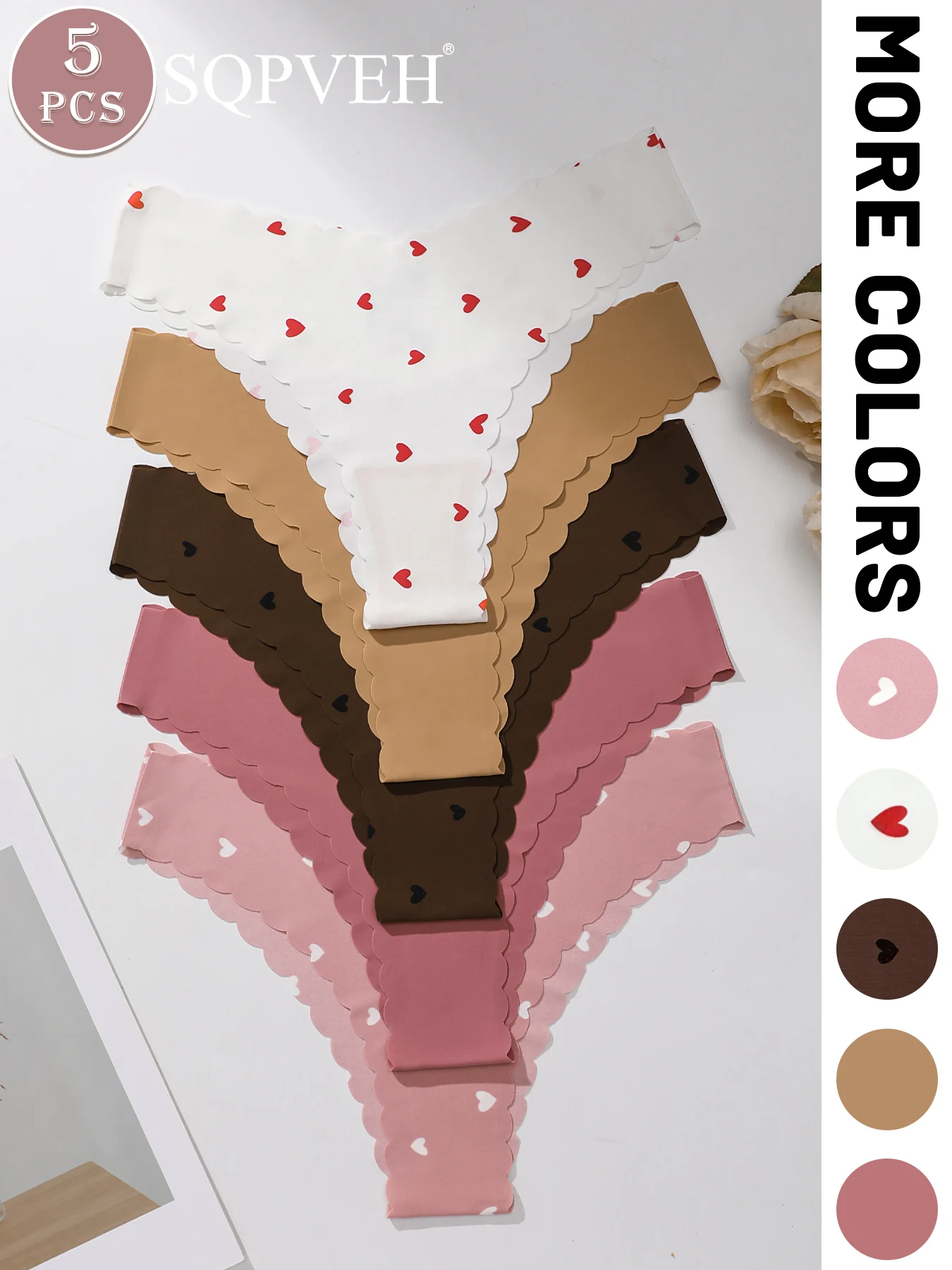 5 PCS Women Seamless Thong Panties Heart Print Wave Edge No Show Underwear Soft Stretch Ladies Briefs Intimates Daily Lingerie