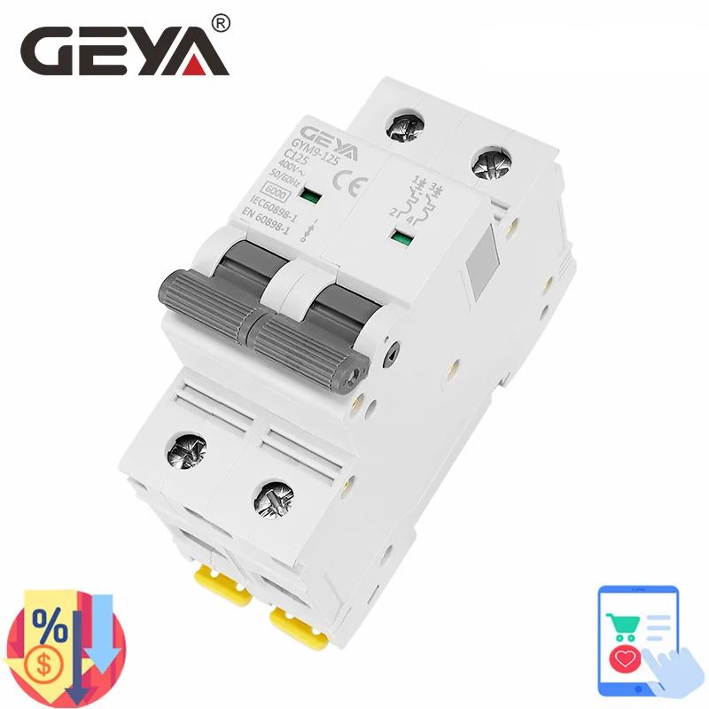 

GEYA GYM9-125 MCB 2P 80A 100A 125A AC C Curve Mini Circuit Breaker DP MCB Width 35.6mm 400V 6KA