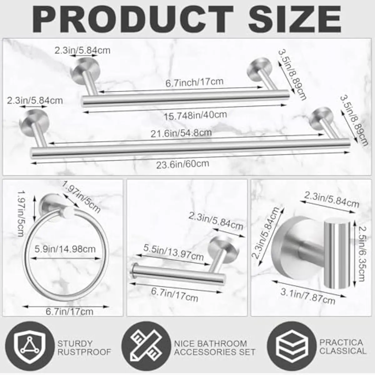 15-Piece Brushed Silver Bathroom hardware Set Featuring 23.6-Inch Towel Bars, 15.7-Inch Racks, Rings, Paper Holders, Robe Hooks