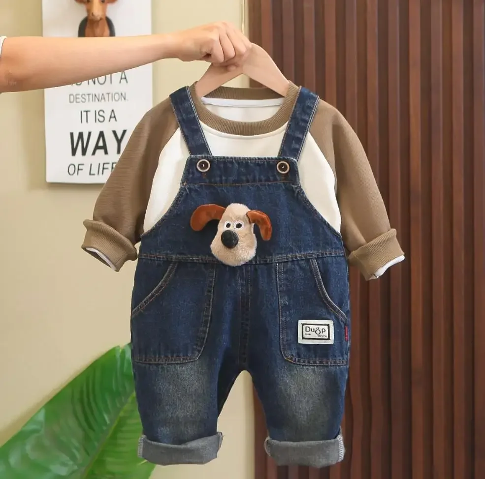 

Toddler Sets for Kids Boutique Outfits 6 To 12 Months Cartoon Print Long Sleeve T-shirts+Denim Overalls Boy Infant Clothing