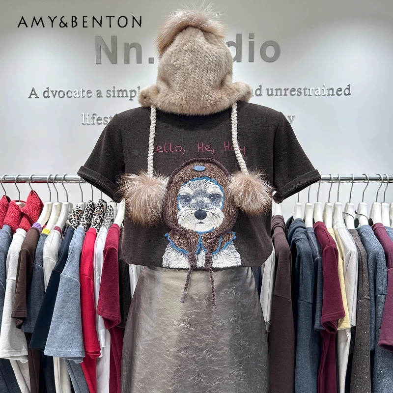 

Y2k Thickened Brushed Short Sleeved T-shirt Women's Autumn Cute Cartoon Puppy Print Regular Shoulder O-Neck Inner Wear Top Tees