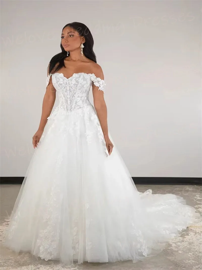 Lindo uma linha de renda feminina apliques vestidos de casamento robe de mariée personalizado fora do ombro vestidos de noiva novia