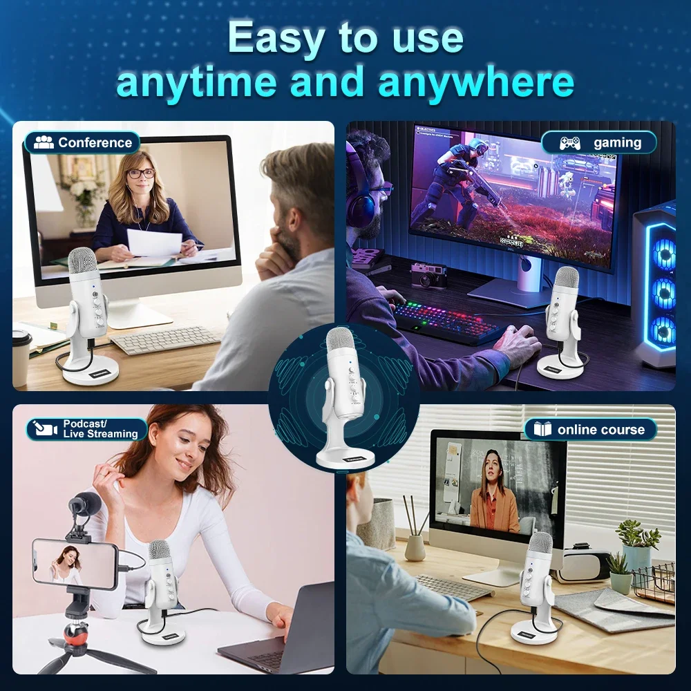 Professional White USB Condenser Microphone Studio Recording Mic for PC Computer Phone Gaming Streaming Podcast Youtube