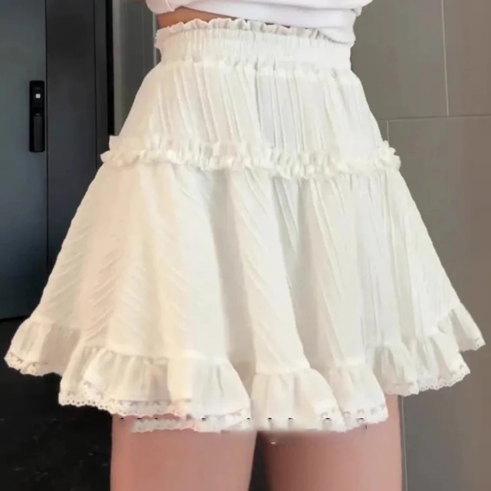 Sweet Cake Mini Skirt Women Elastic Waisted Texture Pleated A-line White Skirts 2025 Summer Casual All Match Y2k Faldas