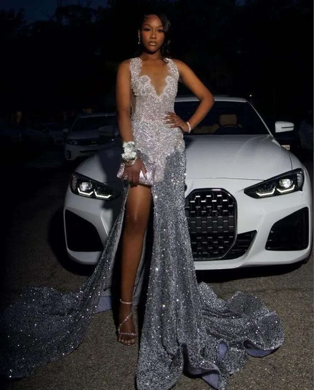 Long Sparkly Prom Dresses 2026 Sexy High Slit Luxury Diamond Silver Sequin Black Girls Mermaid Prom Dress