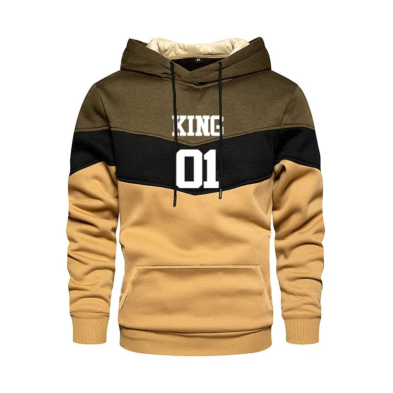 Men's Patchwork Hooded Hoodies Clothing Casual Loose King Printed Sweatshirt Streetwear Male Fashion Sports Pullover Outwear