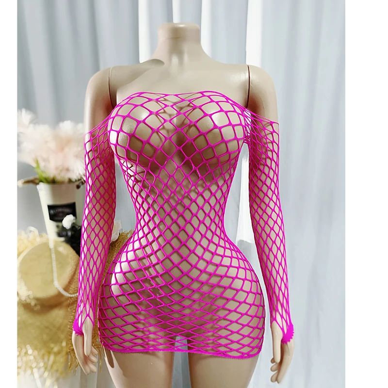 Women Long Sleeve Fishnet Cover Up Dress Sexy See Through Hollow Out Elastic Swimwear Beachwear Summer Music Festival Vacation