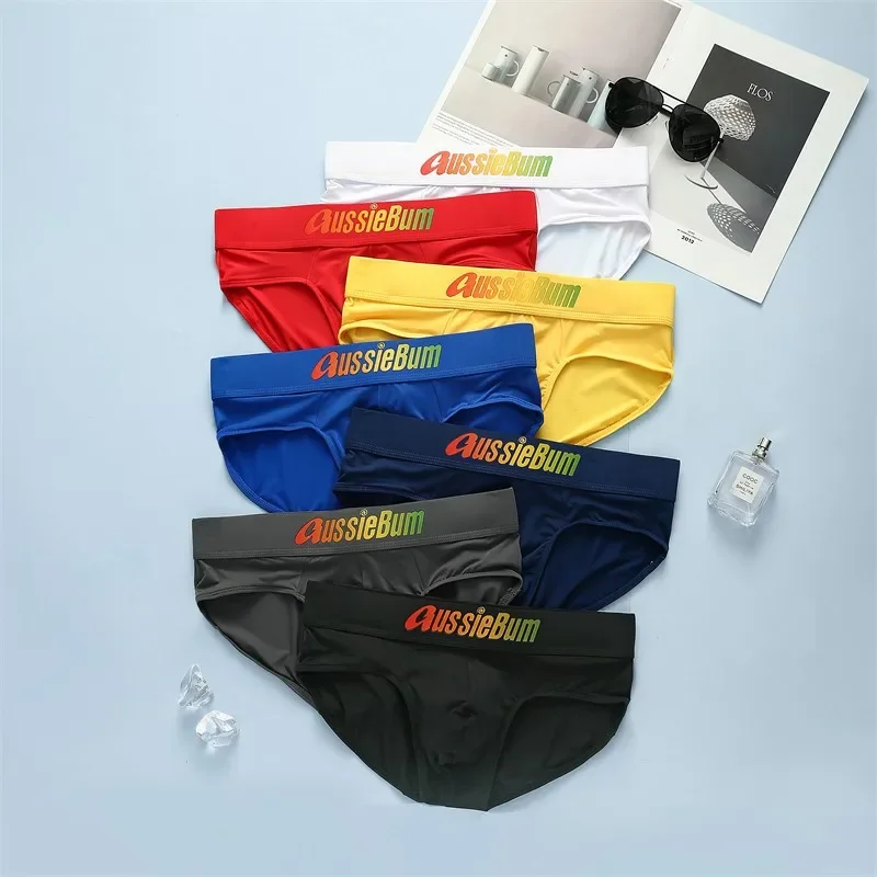 Aussiebum-Calzoncillos de seda de leche para hombre, cintura baja, cinturón elástico de color, bolsa convexa en U cómoda