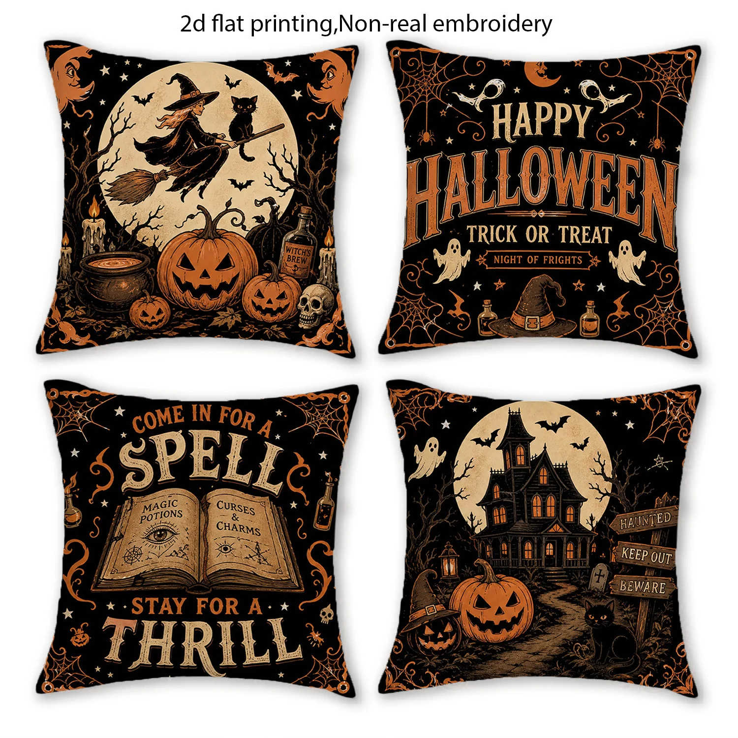 2D Flat Vintage Halloween Throw Pillow Covers, Spooky Season Decor for Sofa Bed, Farmhouse Decoration for Autumn Halloween Chris