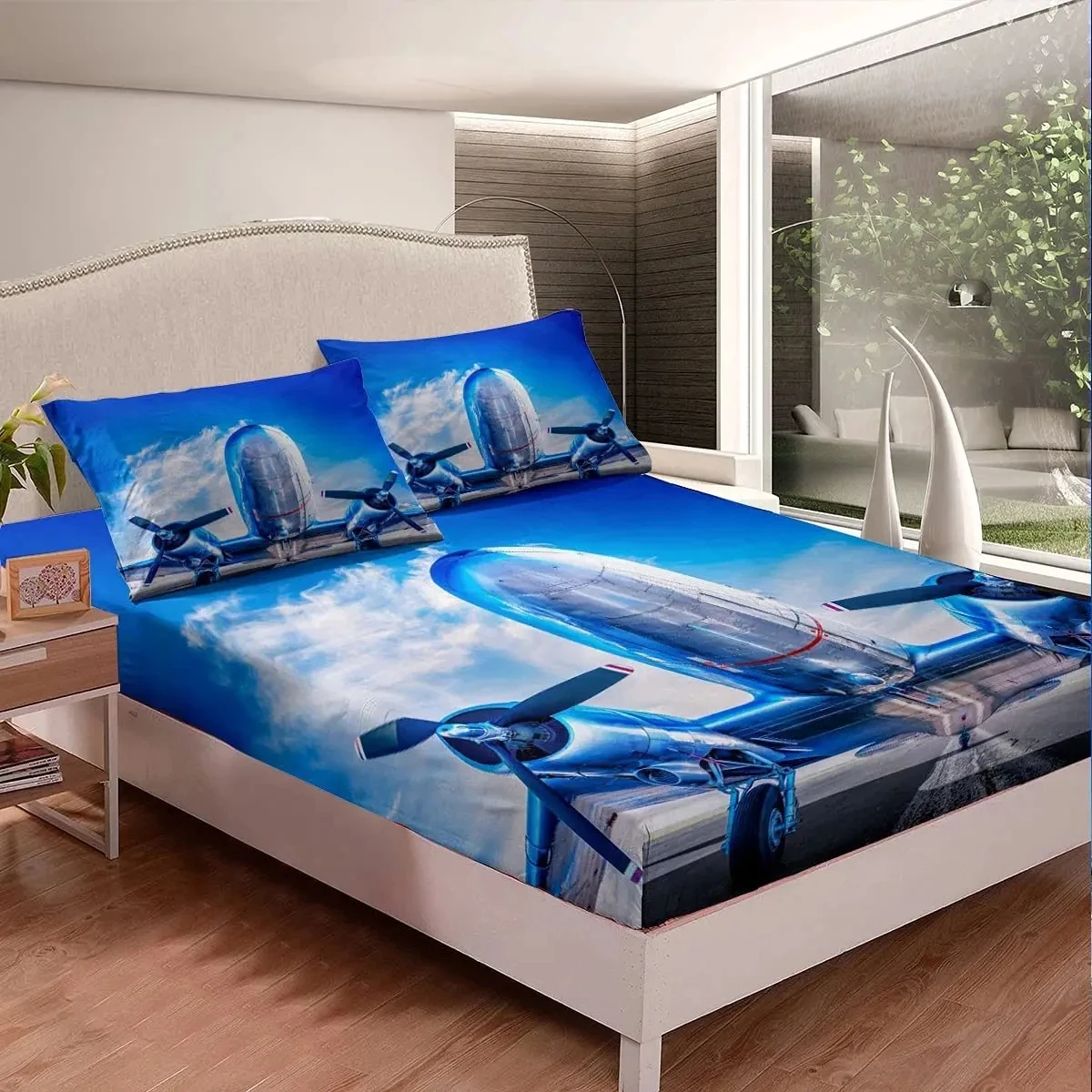 Airplane Fitted Sheet Twin Queen Aircraft Fighter Bedding Set for Girls Teens Plane Aircraft Modern Bed Sheet with Deep Pocket