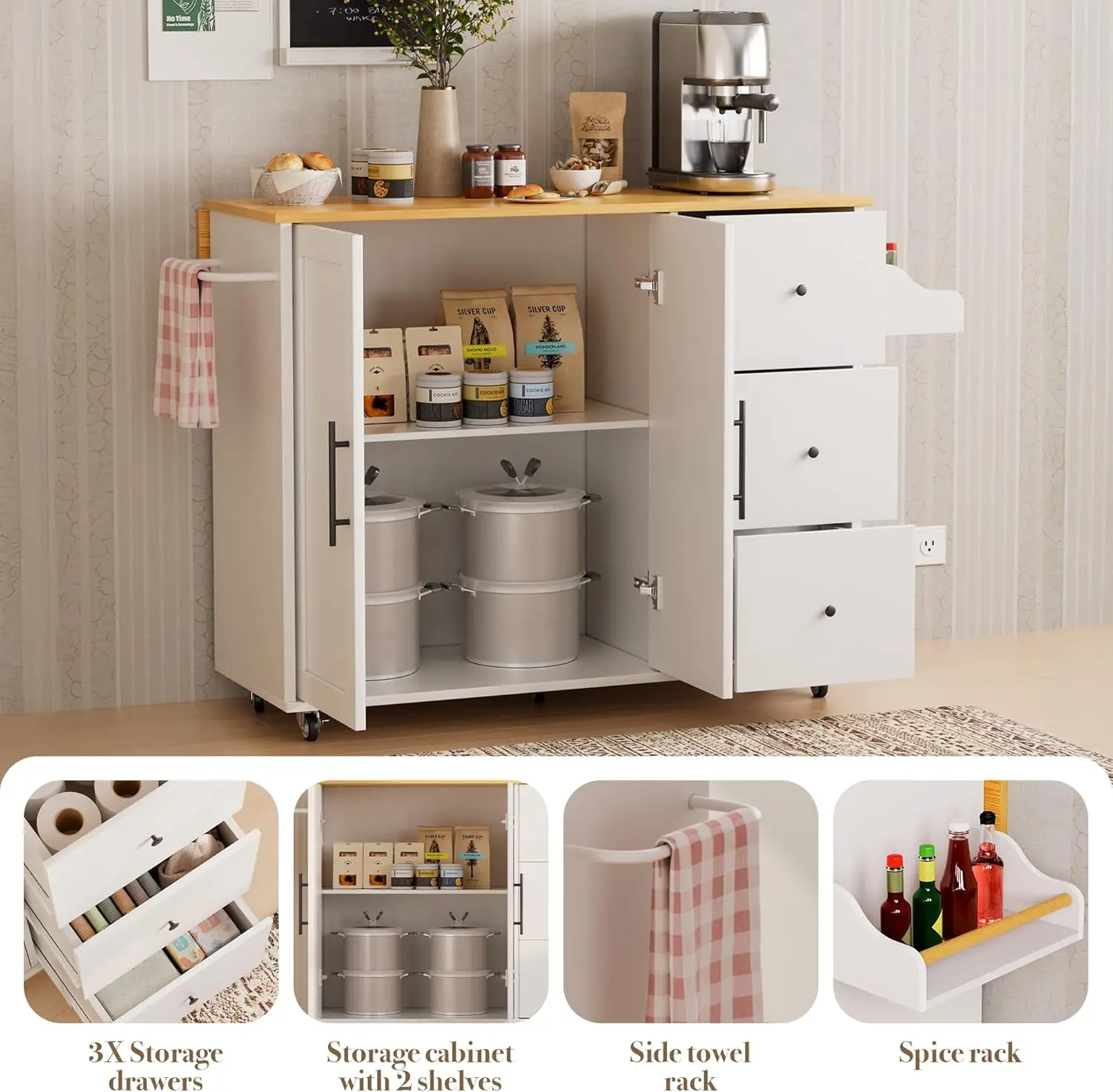 جزيرة المطبخ مع مساحة تخزين، عربة المطبخ المتداول مع 3 أدراج خزانة تخزين المطبخ على عجلات مع داخلي قابل للتعديل